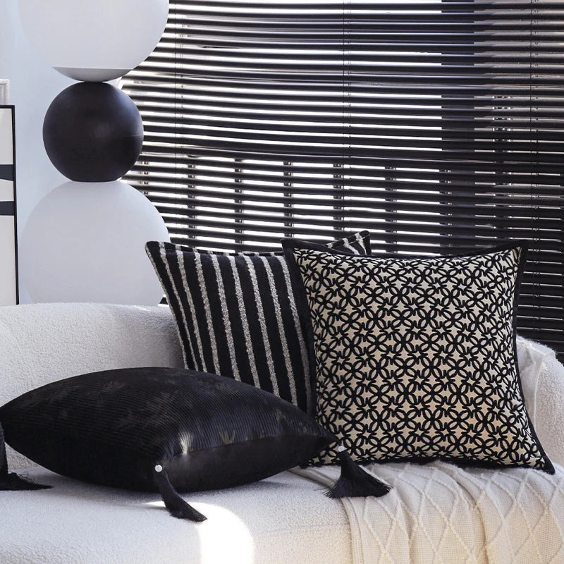 Cushion Cover Velvet Relief Stripes Fringe Tassel Hidden Zipper