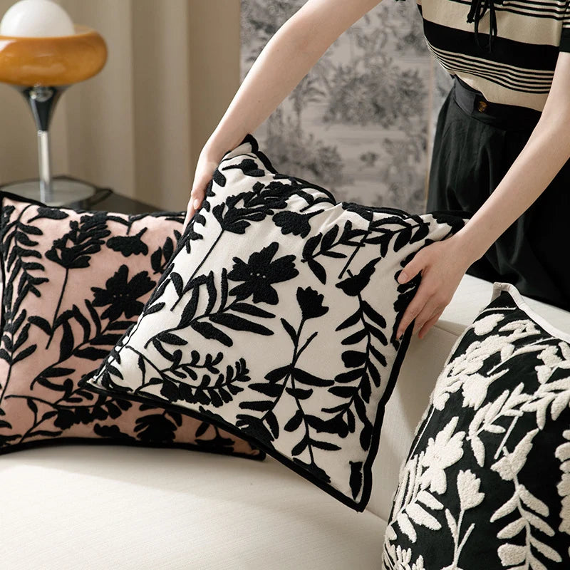 Cushion Cover Velvety Floral Cotton-Linen 18 x 18 In