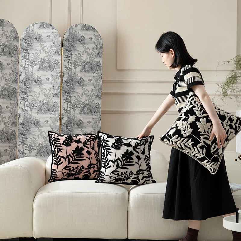 Cushion Cover Velvety Floral Cotton-Linen 18 x 18 In