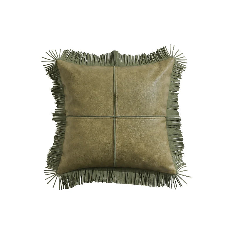 Cushion Cover Waxed Faux Leather Fringed Hidden Zipper