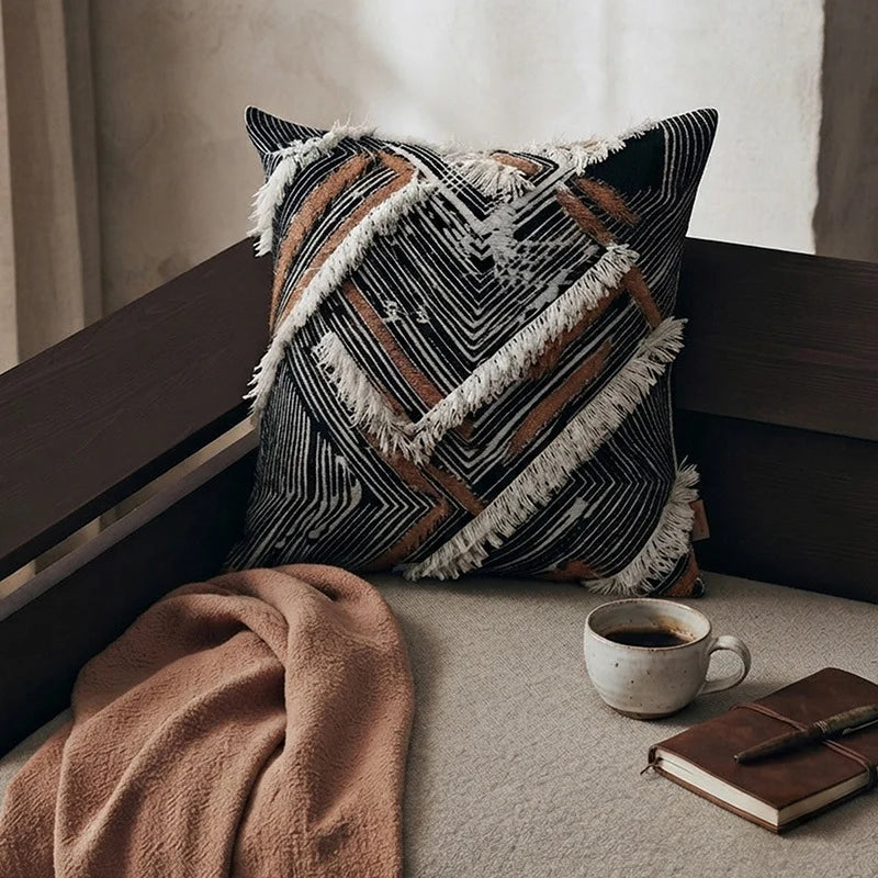 Cushion Cover Woven Jacquard Chevron & Fringe