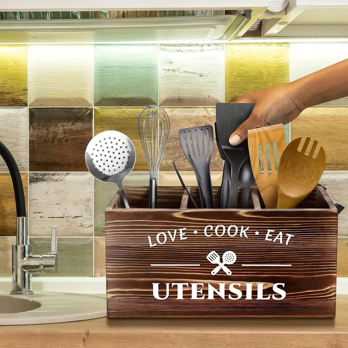 Cutlery Storage Box Wooden Compartment Organizer Space-Saving