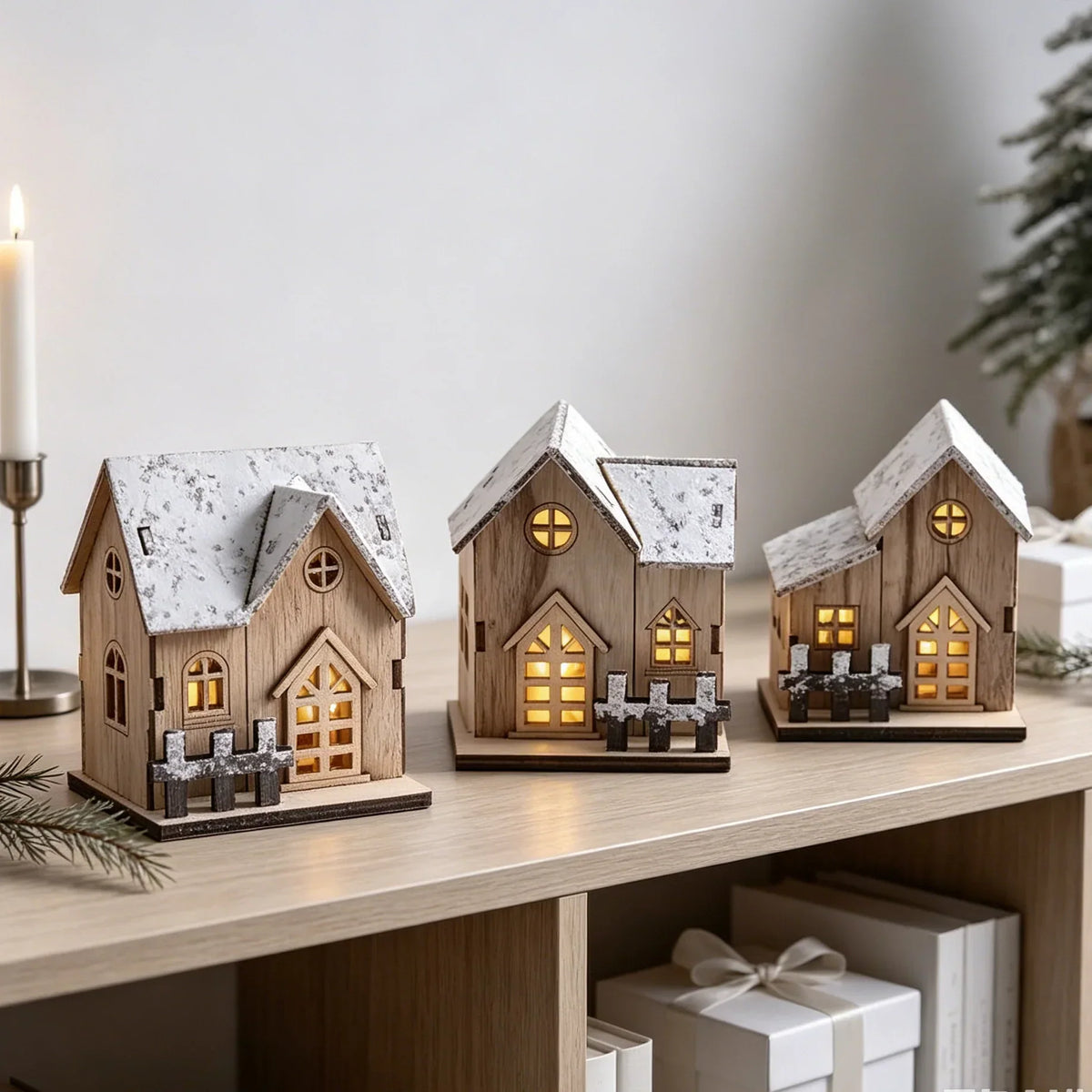 Decorative Christmas House Wooden Snow-Effect Finish