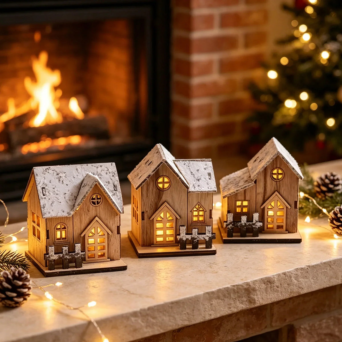 Decorative Christmas House Wooden Snow-Effect Finish