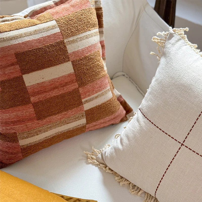 Decorative Cushion Cotton-Linen Hand-Knotted Fringes Removable Cover