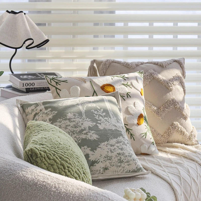 Decorative Cushion Cover Cotton-Linen Zigzag Tufting & Tassels