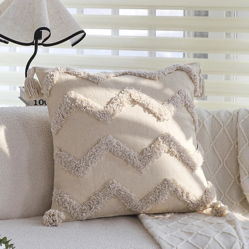 Decorative Cushion Cover Cotton-Linen Zigzag Tufting & Tassels