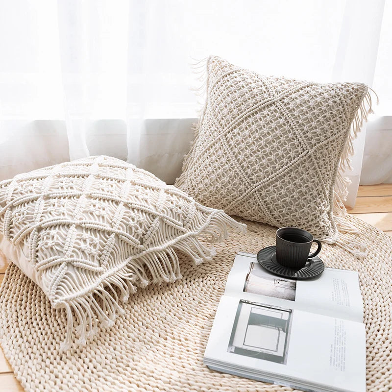 Decorative Cushion Cover Hand-Knotted Macrame Cotton Blend