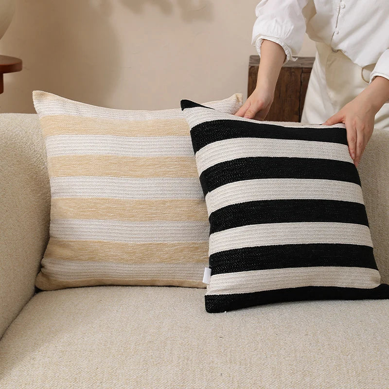 Decorative Cushion Cover Woven Broad Stripes Cotton Blend Hidden Zipper