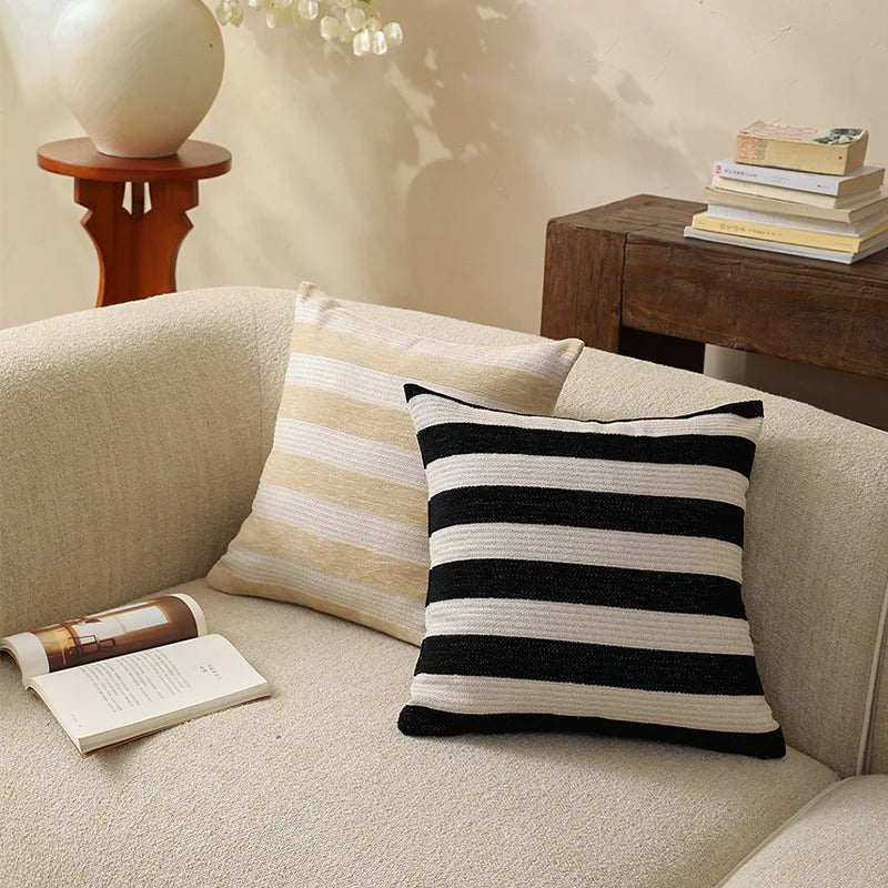 Decorative Cushion Cover Woven Broad Stripes Cotton Blend Hidden Zipper