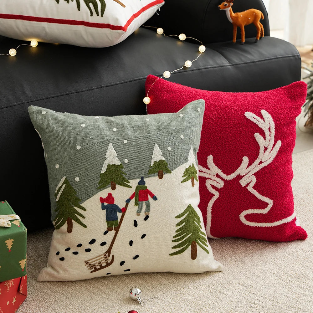 Decorative Cushion Hand-Embroidered Winter Motif Concealed-Zip 18x18