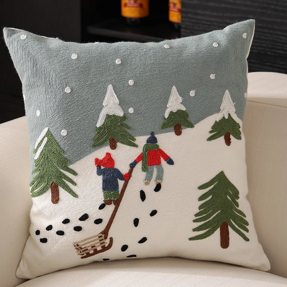 Decorative Cushion Hand-Embroidered Winter Motif Concealed-Zip 18x18