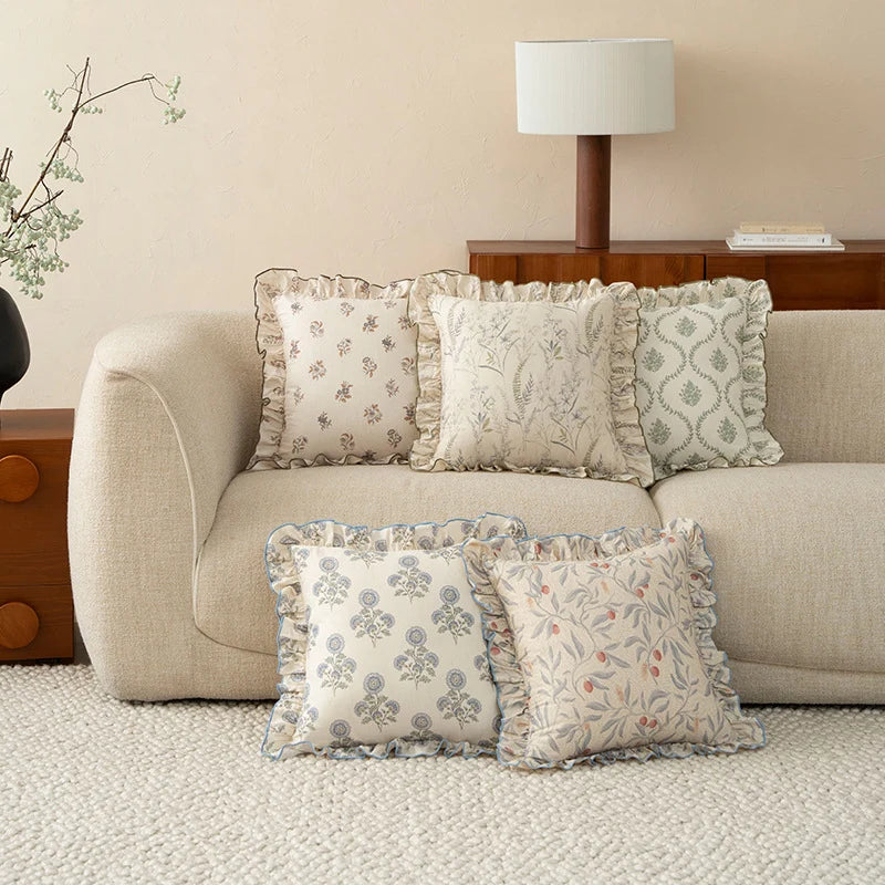 Decorative Cushion Linen-Cotton Botanical Ruffled Edge