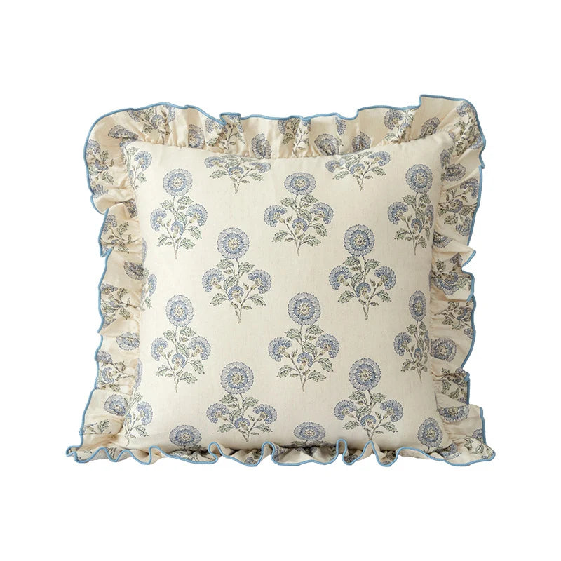 Decorative Cushion Linen-Cotton Botanical Ruffled Edge