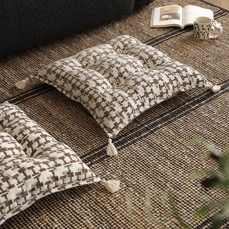 Decorative Cushion Tufted Houndstooth & Tassels Cotton-Blend Cover