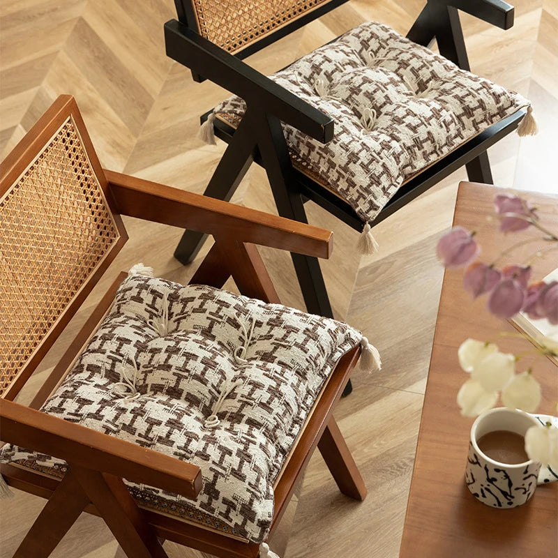 Decorative Cushion Tufted Houndstooth & Tassels Cotton-Blend Cover