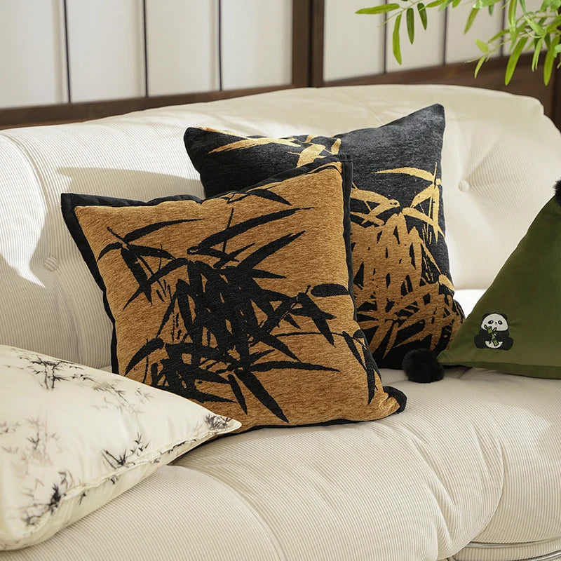 Decorative Cushion Velvet Embroidered Bamboo Motif Hypoallergenic Fill