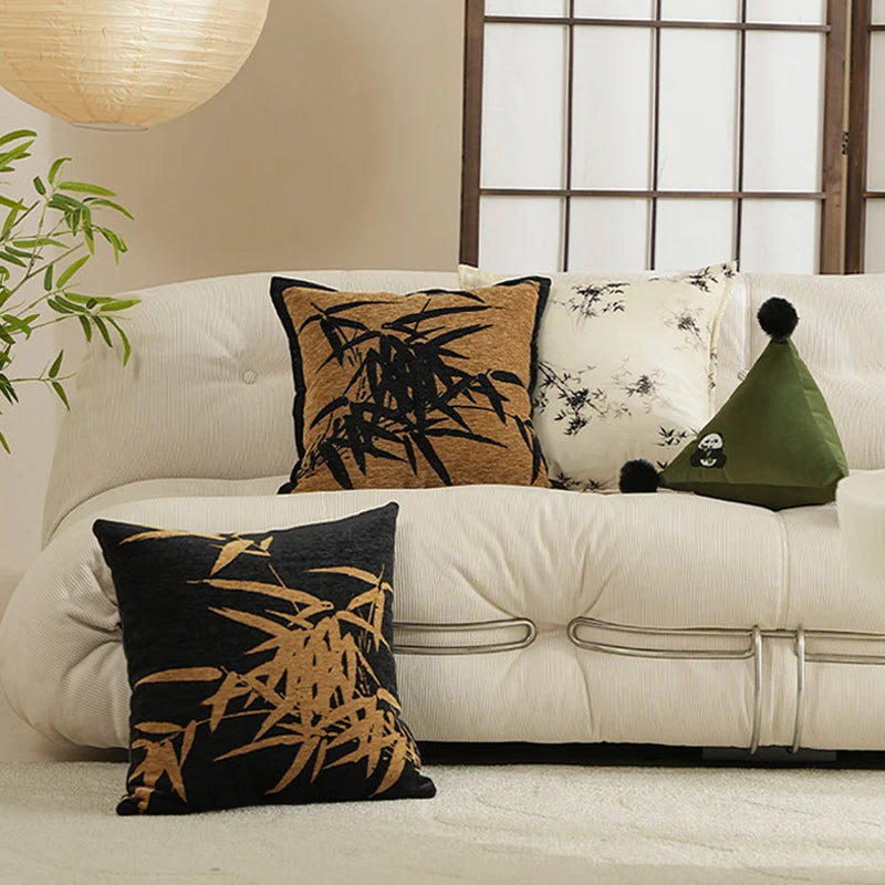 Decorative Cushion Velvet Embroidered Bamboo Motif Hypoallergenic Fill