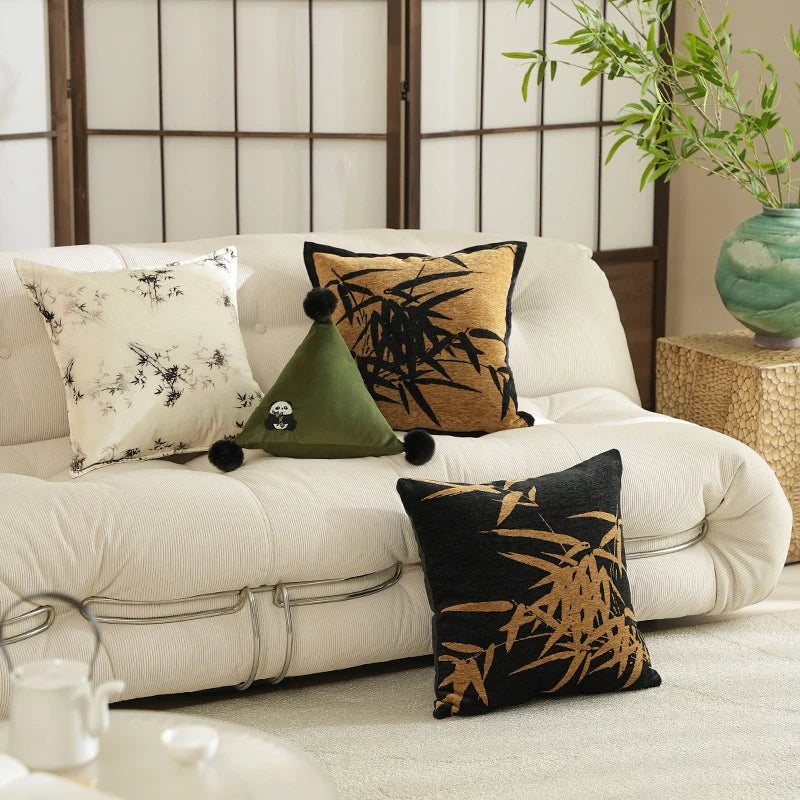 Decorative Cushion Velvet Embroidered Bamboo Motif Hypoallergenic Fill