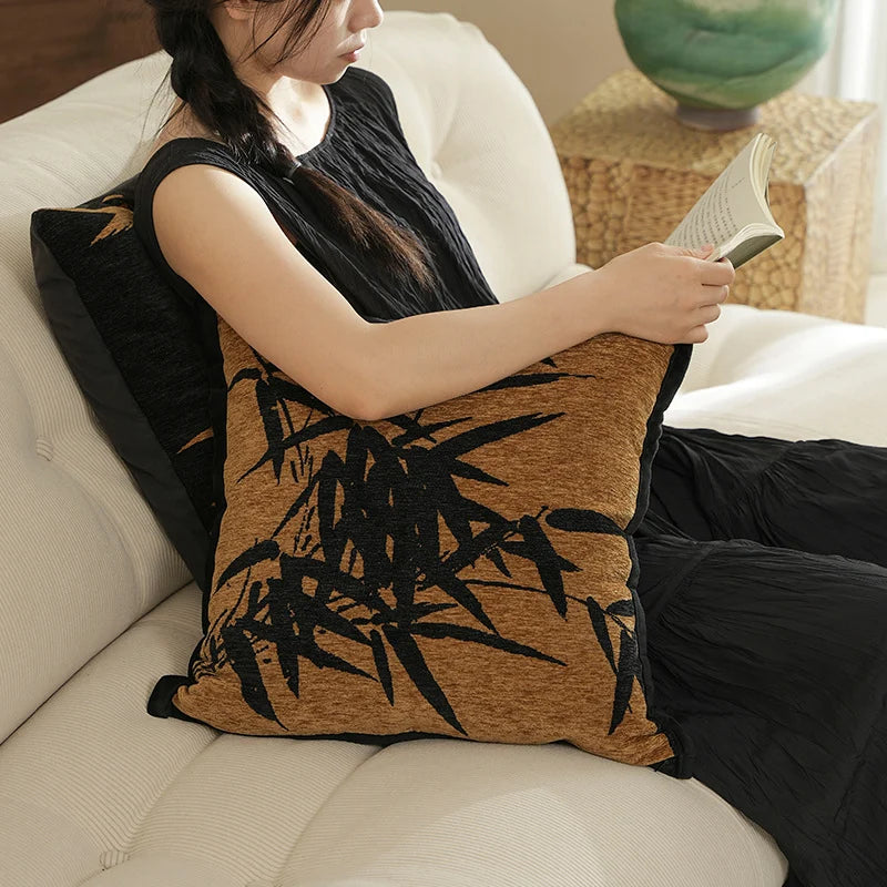 Decorative Cushion Velvet Embroidered Bamboo Motif Hypoallergenic Fill