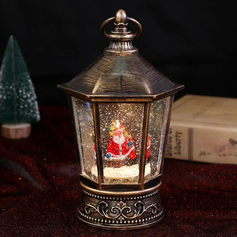 Decorative Lantern Gold Finish Santa & Snowman Warm Lighting