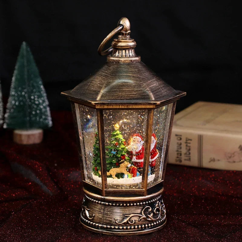 Decorative Lantern Gold Finish Santa & Snowman Warm Lighting