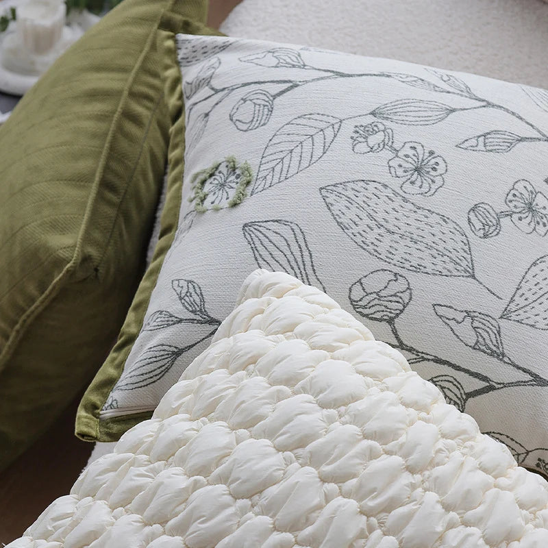Decorative Pillow Cover 18x18in Botanical Embroidery Cotton-Linen Blend