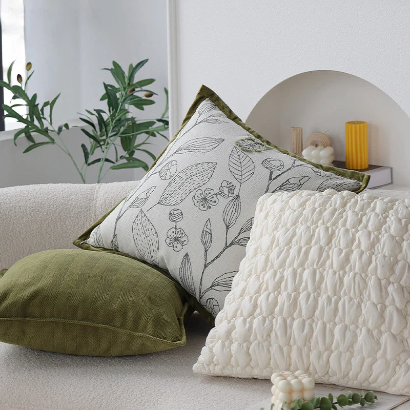 Decorative Pillow Cover 18x18in Botanical Embroidery Cotton-Linen Blend