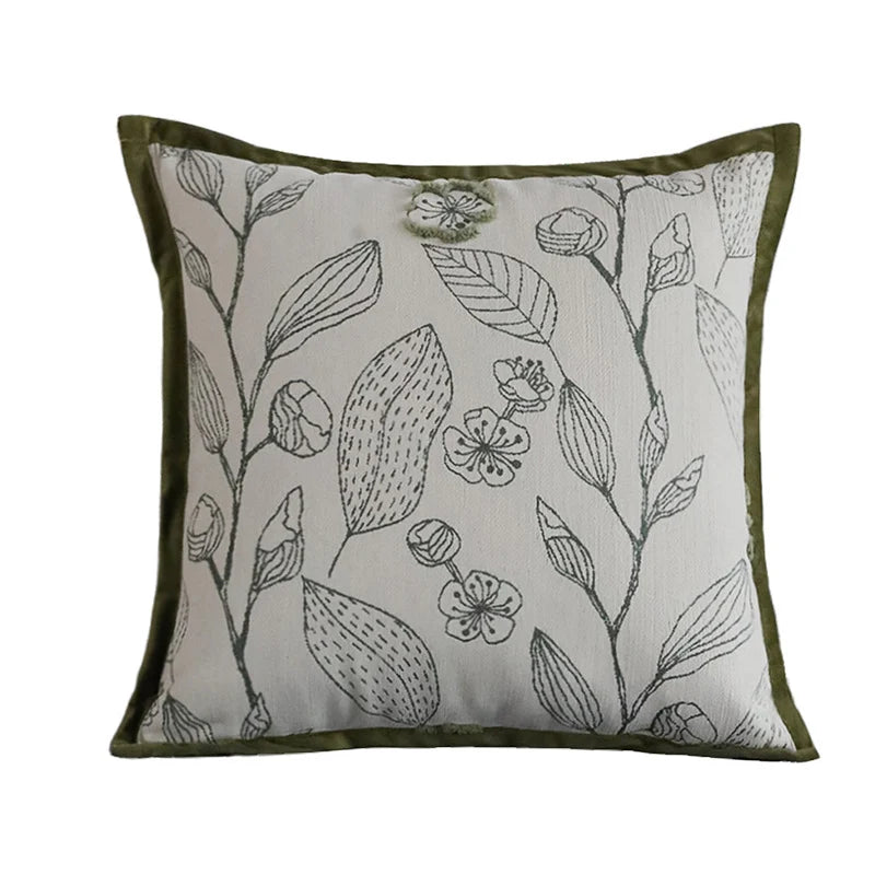 Decorative Pillow Cover 18x18in Botanical Embroidery Cotton-Linen Blend