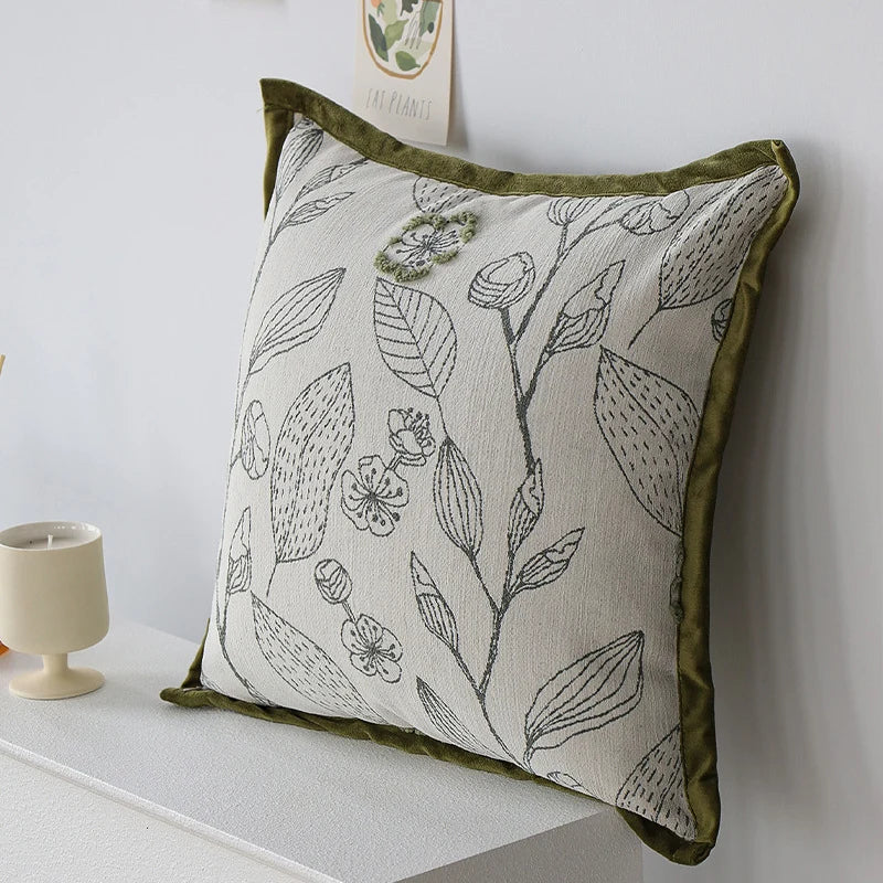 Decorative Pillow Cover 18x18in Botanical Embroidery Cotton-Linen Blend