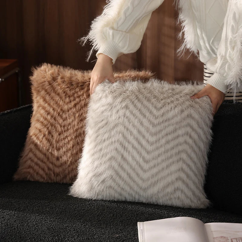Decorative Pillow Cover Chevron Faux Fur Removable & Washable