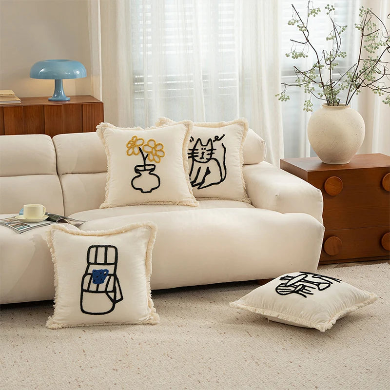 Decorative Pillow Cover Cotton Blend Hand-Embroidered Fringed Edge