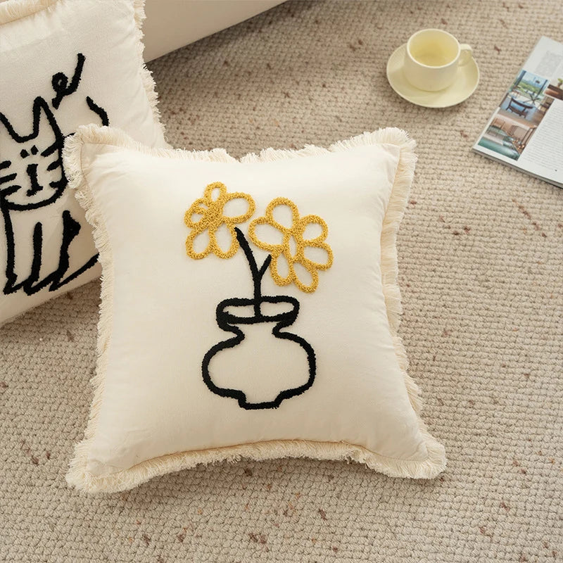 Decorative Pillow Cover Cotton Blend Hand-Embroidered Fringed Edge