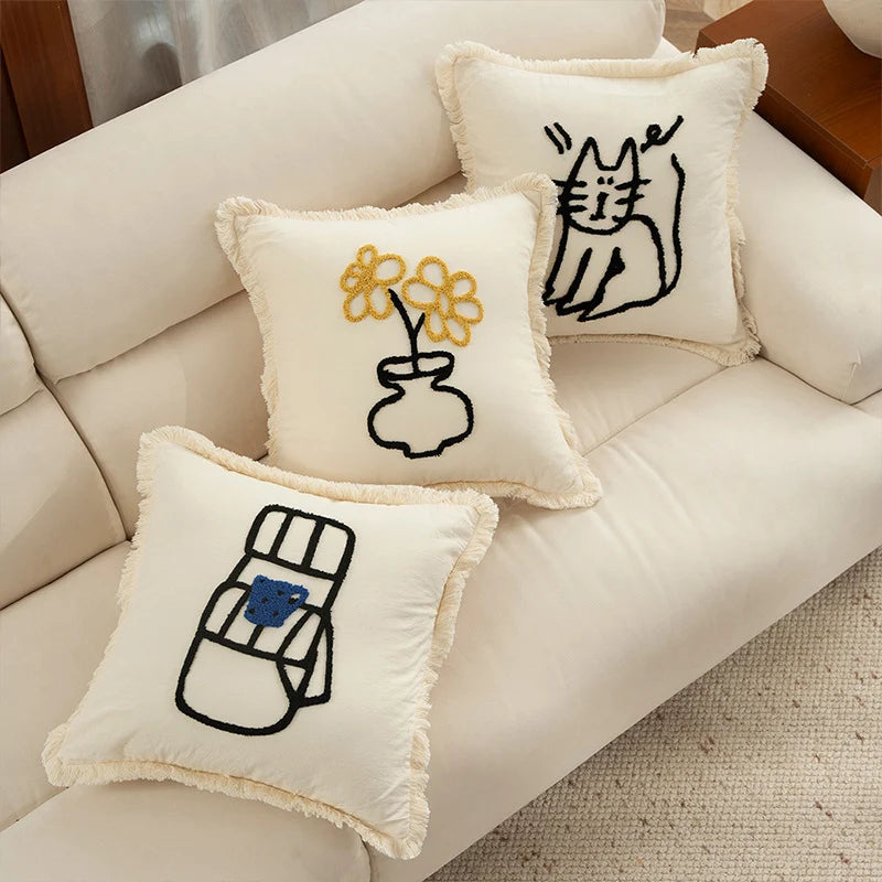 Decorative Pillow Cover Cotton Blend Hand-Embroidered Fringed Edge
