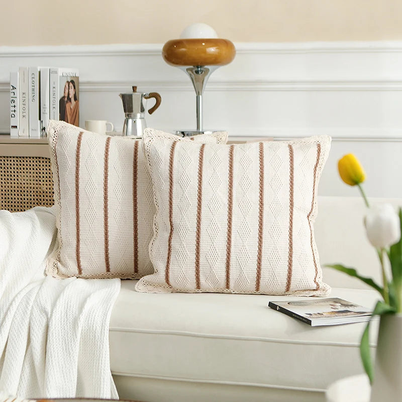 Decorative Pillow Cover Cotton-Linen & Hand-Crocheted 24 x 24