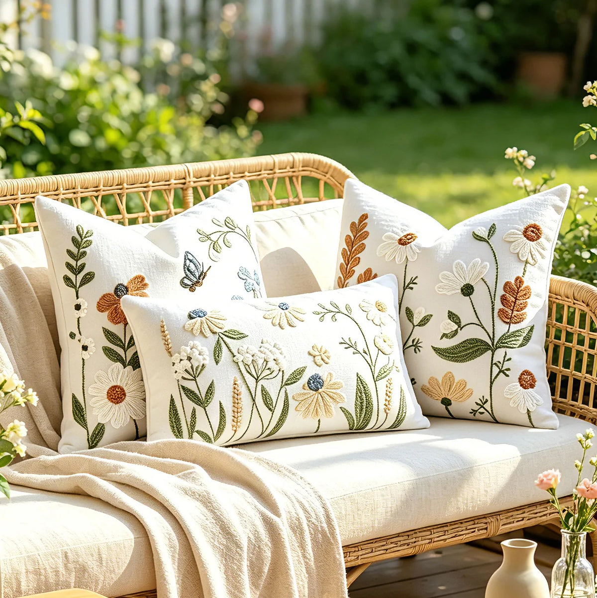 Decorative Pillow Cover Embroidered Chenille Linen-Blend Removable