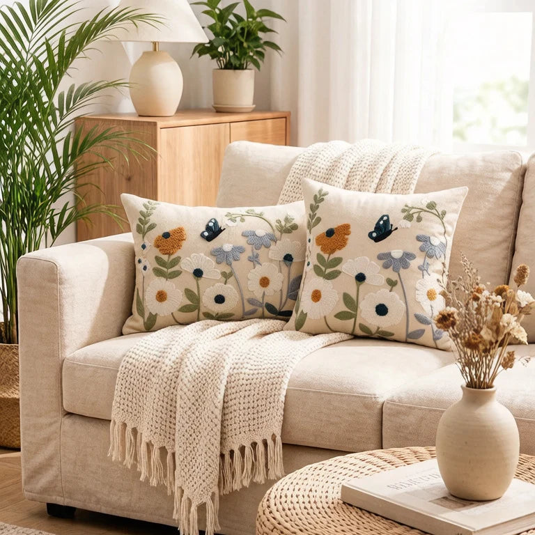 Decorative Pillow Cover Embroidered Chenille Linen-Blend Removable