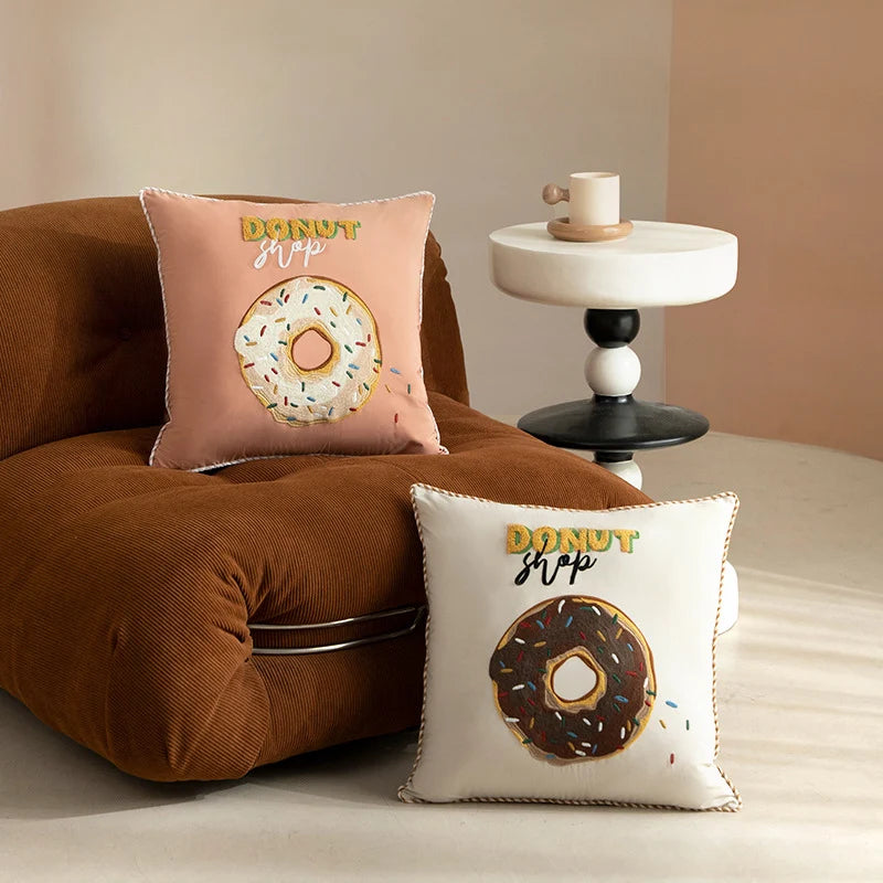 Decorative Pillow Cover Embroidered Donut Cotton-Linen Concealed Zipper
