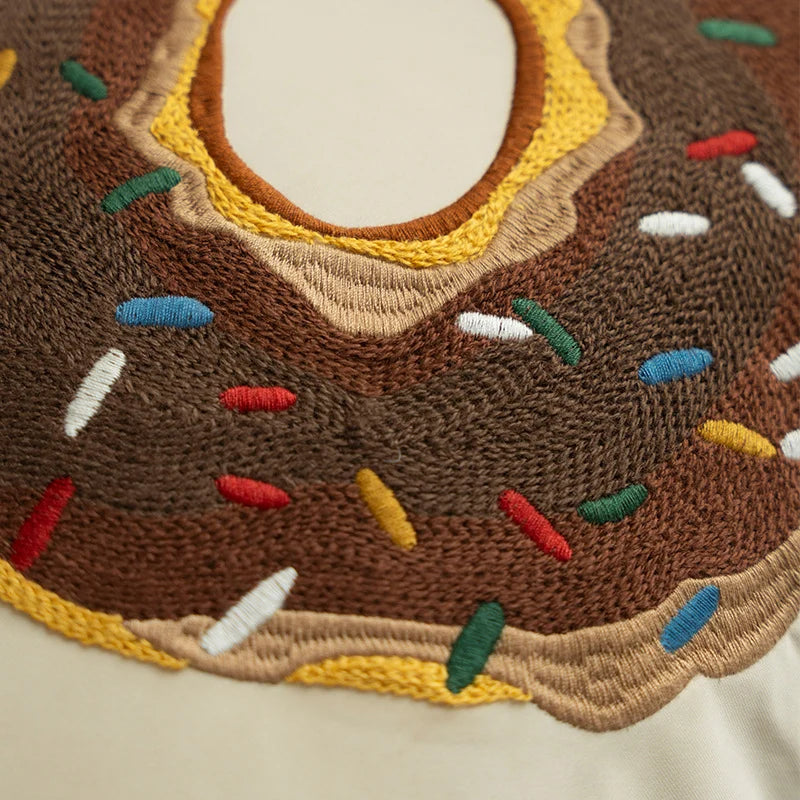 Decorative Pillow Cover Embroidered Donut Cotton-Linen Concealed Zipper