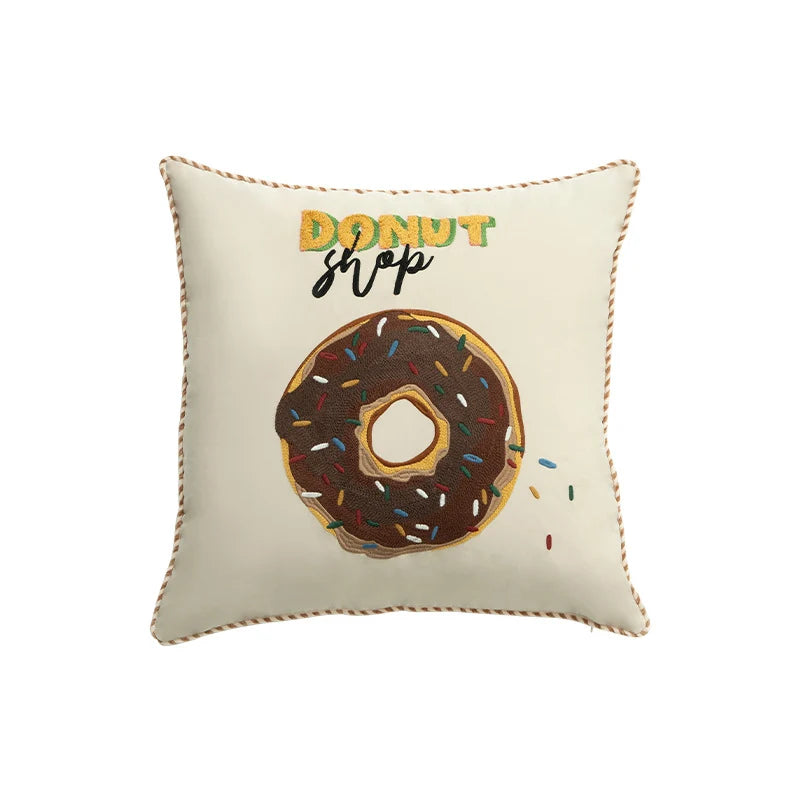 Decorative Pillow Cover Embroidered Donut Cotton-Linen Concealed Zipper