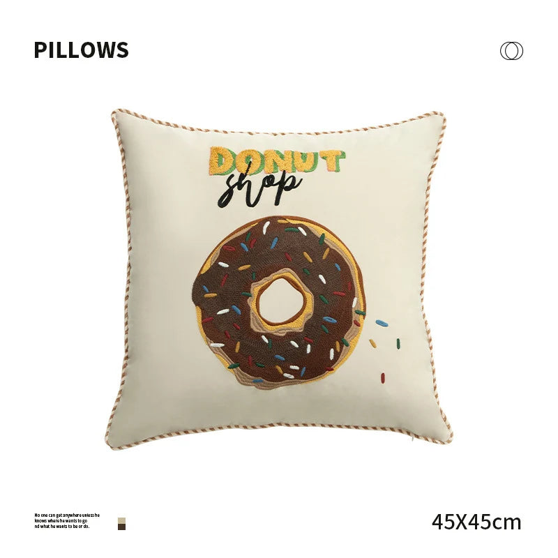Decorative Pillow Cover Embroidered Donut Cotton-Linen Concealed Zipper