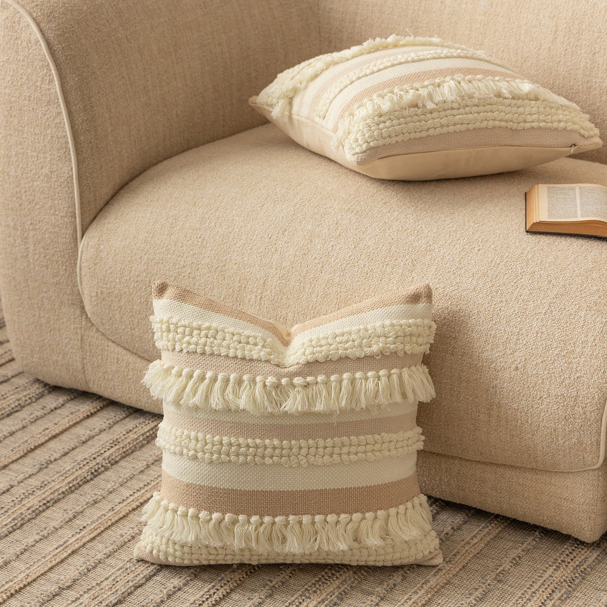 Decorative Pillow Cover Handwoven Boucle & Fringe Cotton-Linen