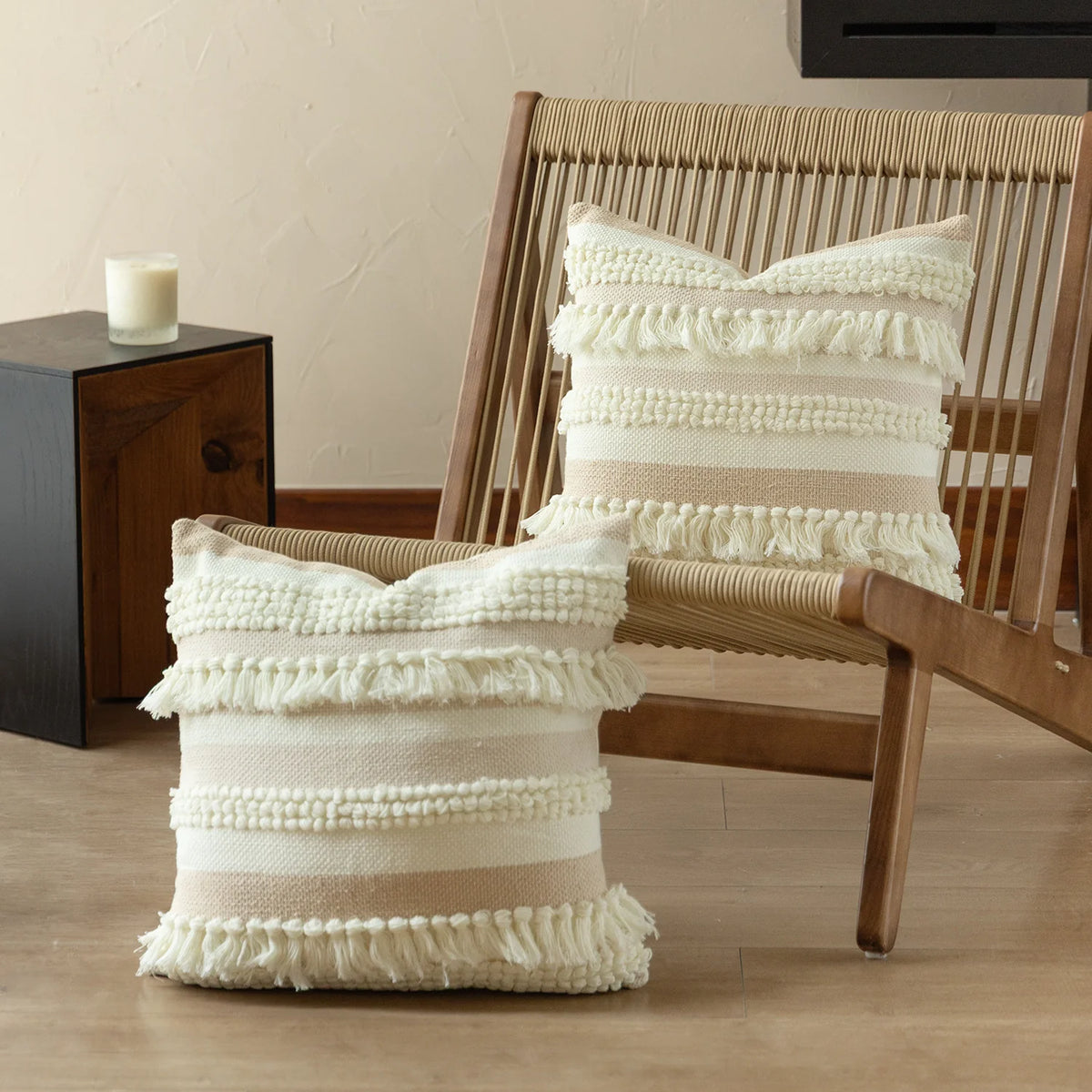 Decorative Pillow Cover Handwoven Boucle & Fringe Cotton-Linen