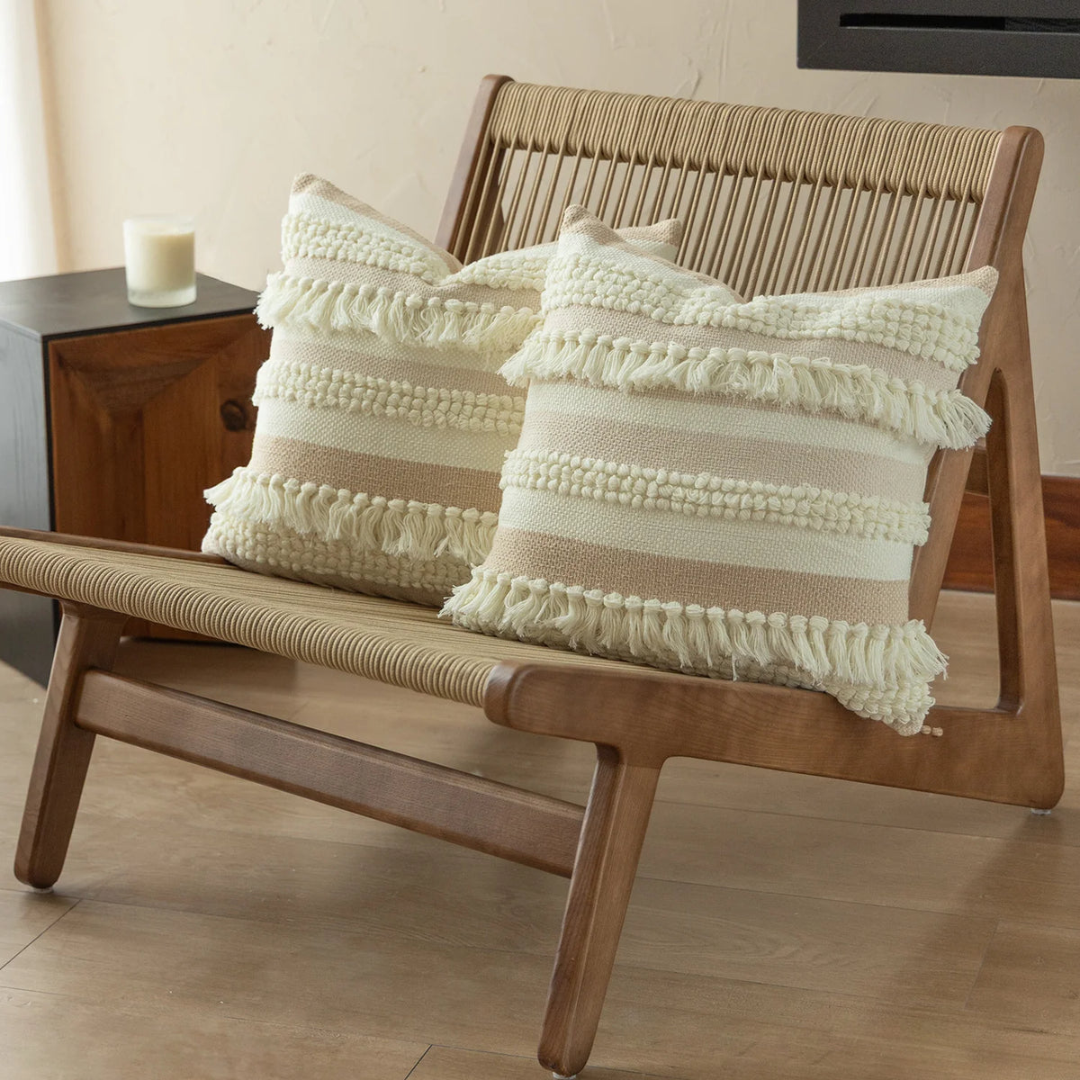 Decorative Pillow Cover Handwoven Boucle & Fringe Cotton-Linen