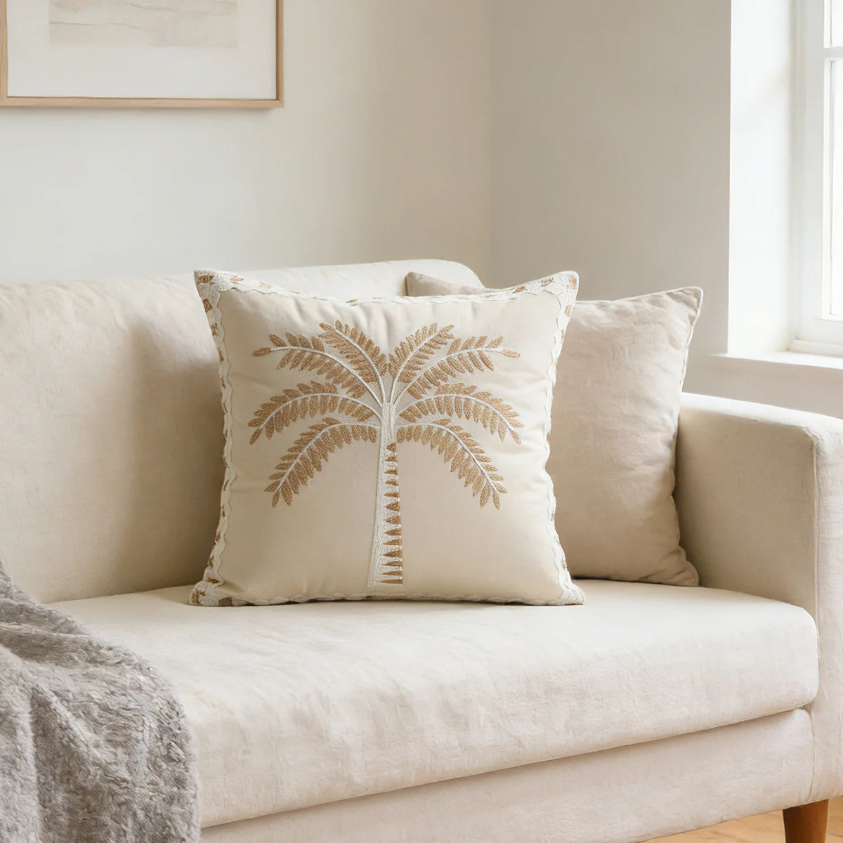 Decorative Pillow Cover High-Relief Palm Embroidery Linen-Look