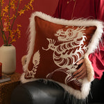 Decorative Pillow Cover Velvet Dragon Embroidery Faux Fur Trim