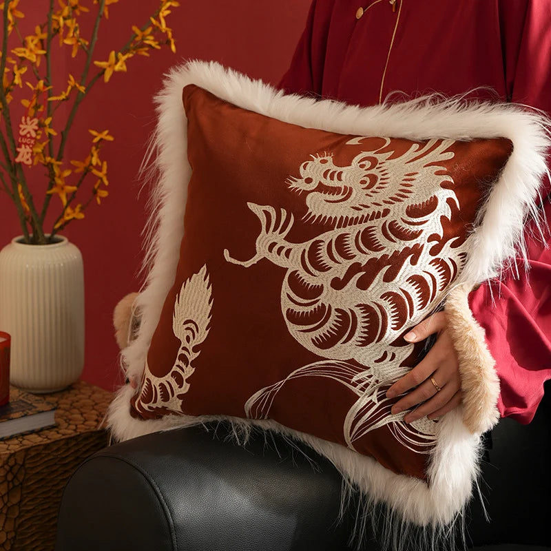 Decorative Pillow Cover Velvet Dragon Embroidery Faux Fur Trim
