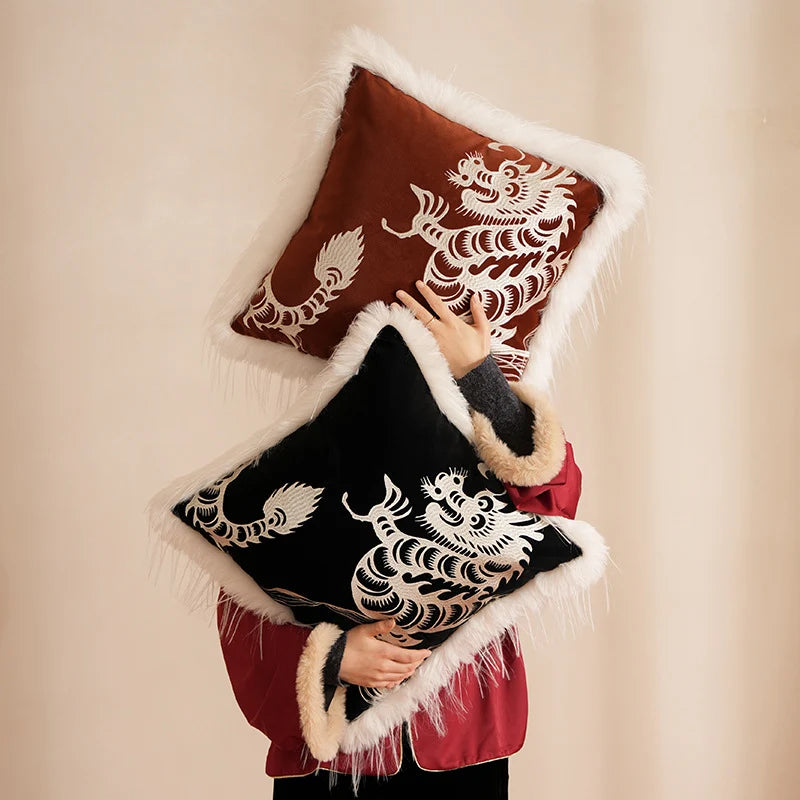 Decorative Pillow Cover Velvet Dragon Embroidery Faux Fur Trim