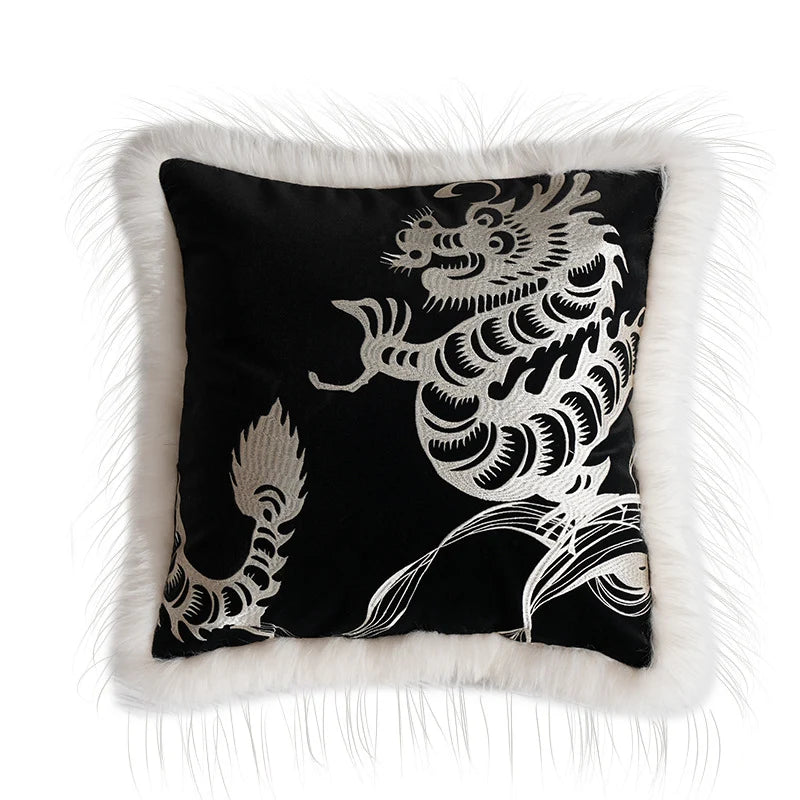 Decorative Pillow Cover Velvet Dragon Embroidery Faux Fur Trim
