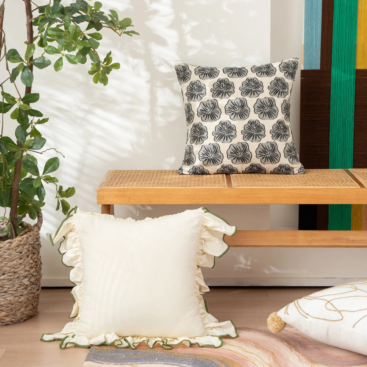 Decorative Pillow Double-Sided Embroidered Linen-Cotton Blend Removable Cover